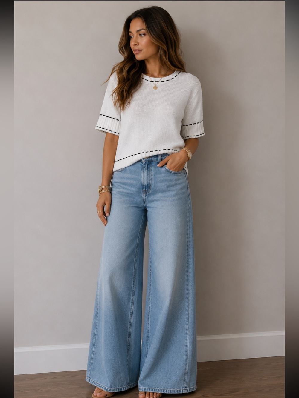 ShopEvelynne White Short-Sleeve Knit Sweater with Black Trim